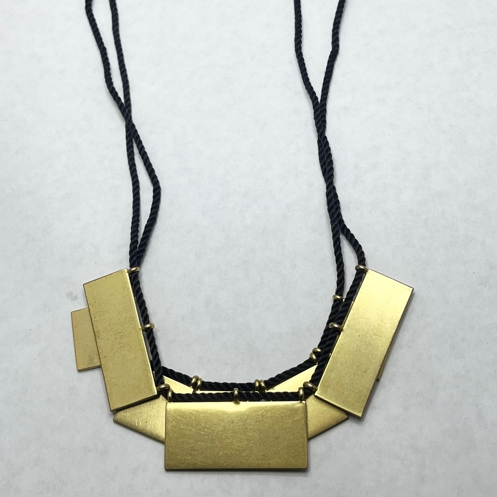 Vintage Black String Gold Block Charm Necklace
